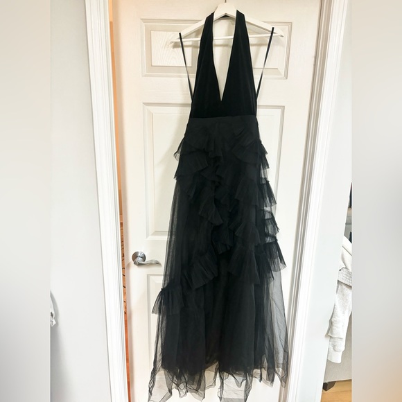 BCBG Max Azria Velvet and Tulle Backless Halter Gown - Picture 3 of 5